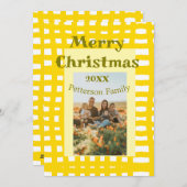 黄色と白のチェック柄のレトロなクリスマスホリデー家族 シーズンカード (正面/裏面)