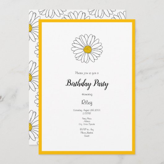 黄色と白のデイジーとパターン 招待状 (正面/裏面)