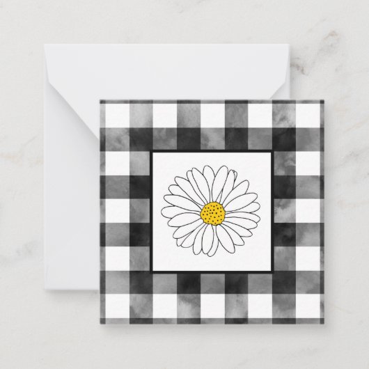 黄色と白のデイジーと水色の格子模様 ノートカード (正面)