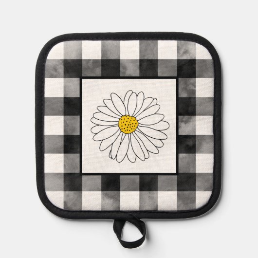 黄色と白のデイジーと水色の格子模様 鍋敷き (正面)