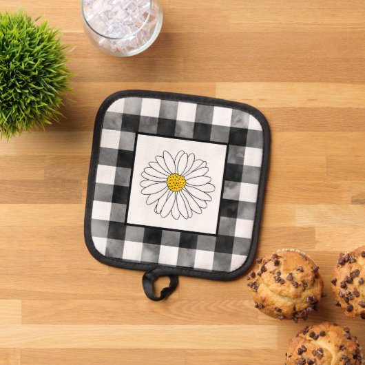 黄色と白のデイジーと水色の格子模様 鍋敷き (トップダウン)