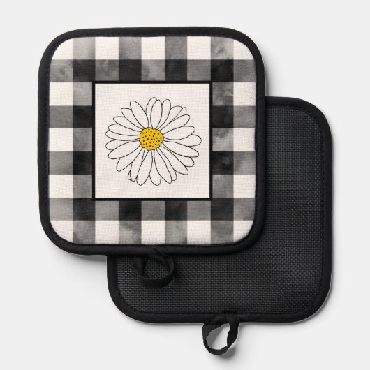 黄色と白のデイジーと水色の格子模様 鍋敷き (正面/裏面)