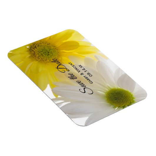 黄色と白のデイジー結婚式の日付を保存 マグネット (右側)