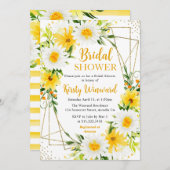 黄色と白のデイジー金ゴールドフレームブライダルシャワー 招待状 (正面/裏面)