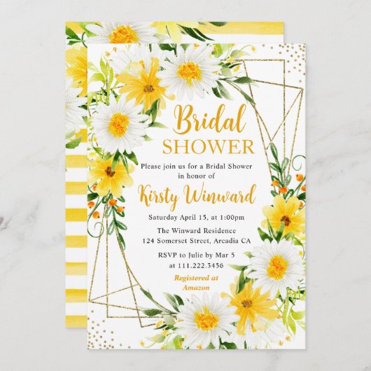 黄色と白のデイジー金ゴールドフレームブライダルシャワー 招待状 (正面/裏面)