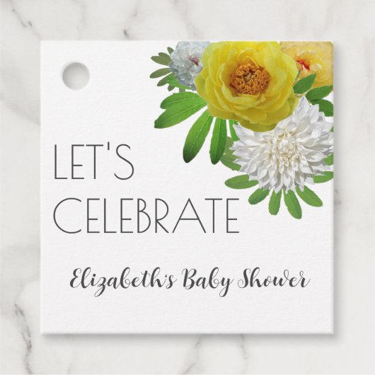 黄色と白のフローラ男女兼用ベビーシャワー フェイバータグ (正面)