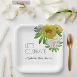 黄色と白のフローラ男女兼用ベビーシャワー ペーパープレート