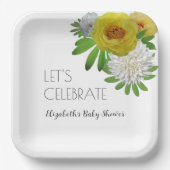 黄色と白のフローラ男女兼用ベビーシャワー ペーパープレート (正面)