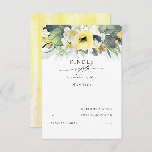 黄色と白のフローラ結婚式RSVP 出欠カード (正面/裏面)