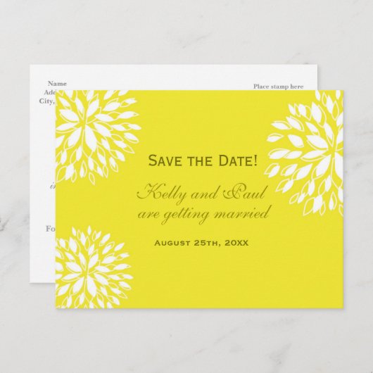 黄色と白のモダンフローラ結婚のはがき 案内ポストカード (正面/裏面)