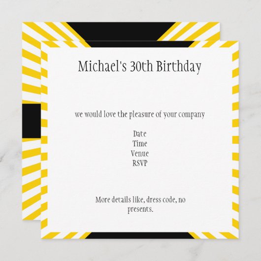 黄色と白のレトロストライプ誕生日と黒 招待状 (正面/裏面)