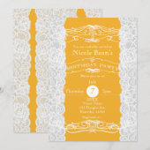 黄色と白のレース 誕生日パーティー 招待状 (正面/裏面)