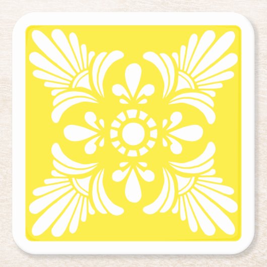 黄色と白の地中海のタパターン(の模様が)あるイル スクエアペーパーコースター (正面)