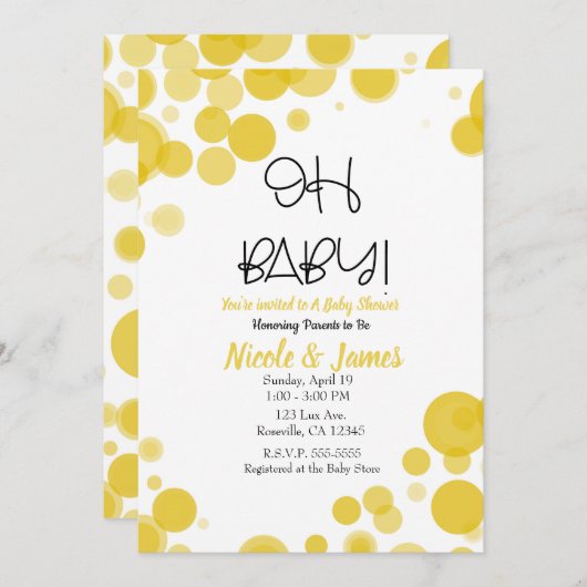黄色と白の水玉模様バブルOHベビーシャワー 招待状 (正面/裏面)
