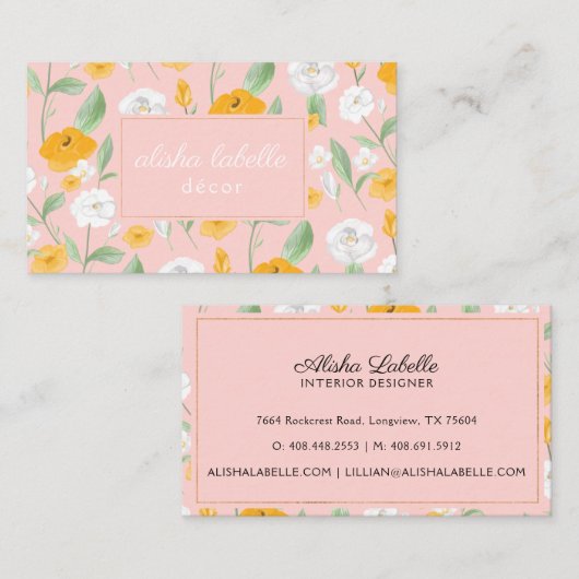 黄色と白の水色ワイルドフラワーフローラリーフ 名刺 (正面/裏面)