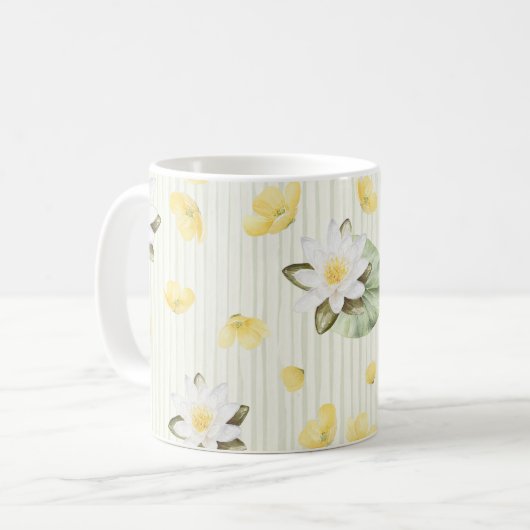 黄色と白の花の縞模様 コーヒーマグカップ (正面左)