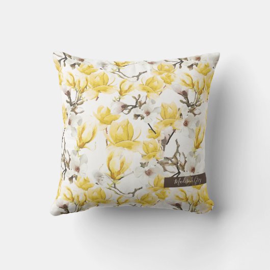 黄色と白マグノリア花の水色パターン クッション (裏面)