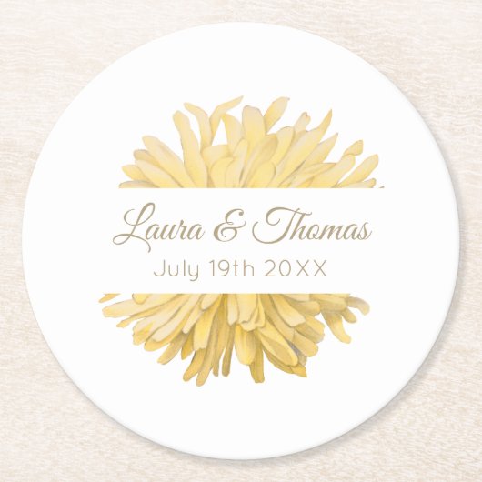 黄色と白結婚の ラウンドペーパーコースター (正面)