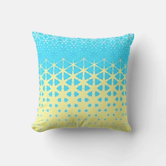 黄色と空の青の幾何学的な星とスノーフレーク クッション (正面)