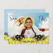 黄色と紫あなたの写真と日付を保存 案内ポストカード (正面/裏面)