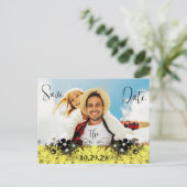 黄色と紫あなたの写真と日付を保存 案内ポストカード (スタンド正面)