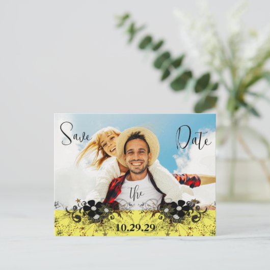 黄色と紫あなたの写真と日付を保存 案内ポストカード (スタンド正面)