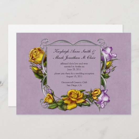 黄色と紫のバラポスト結婚のお祝い 招待状 (正面/裏面)