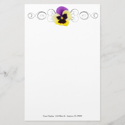 黄色と紫のパンジーの文パーソナライズされた房具 便箋 (正面)