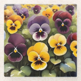 黄色と紫のパンジー水絵画色の ガラスコースター