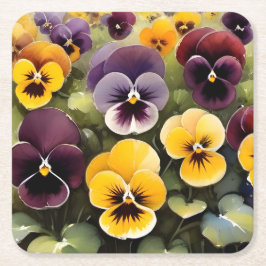 黄色と紫のパンジー水絵画色の スクエアペーパーコースター