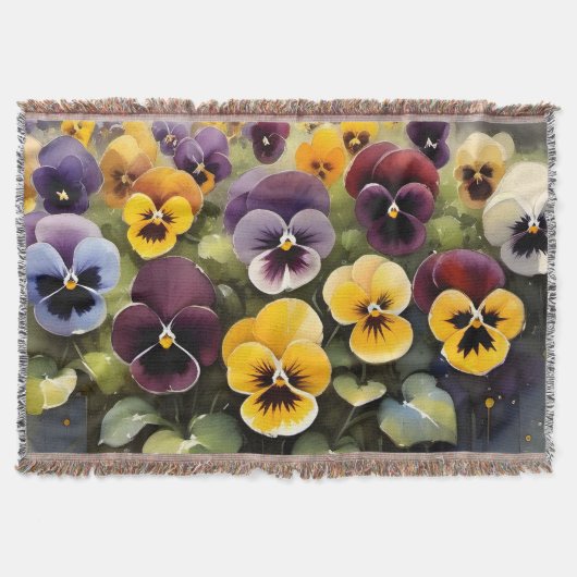 黄色と紫のパンジー水絵画色の スローブランケット (正面)