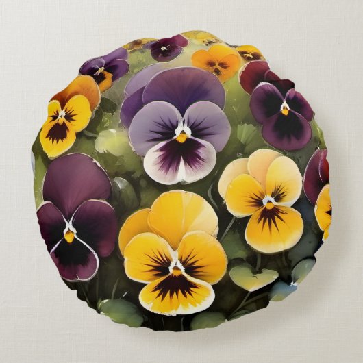 黄色と紫のパンジー水絵画色の ラウンドクッション (裏面)