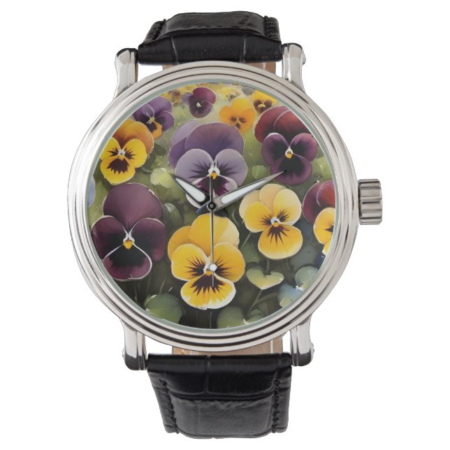 黄色と紫のパンジー水絵画色の 腕時計 (正面)