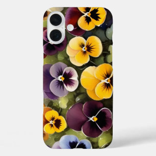 黄色と紫のパンジー水絵画色の iPhone 16 PLUSケース