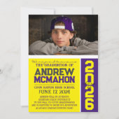 黄色と紫の卒業写真のお知らせ 招待状 (正面)