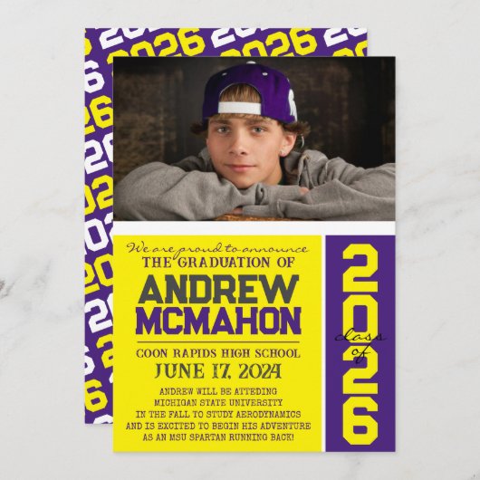 黄色と紫の卒業写真のお知らせ 招待状 (正面/裏面)
