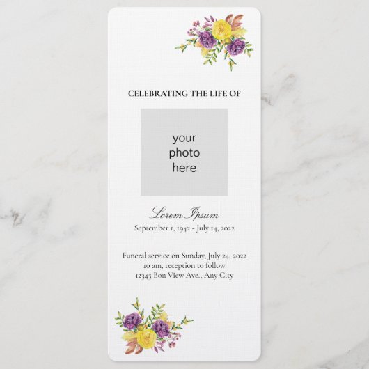 黄色と紫の植物用スプレー葬儀 プログラム (正面)