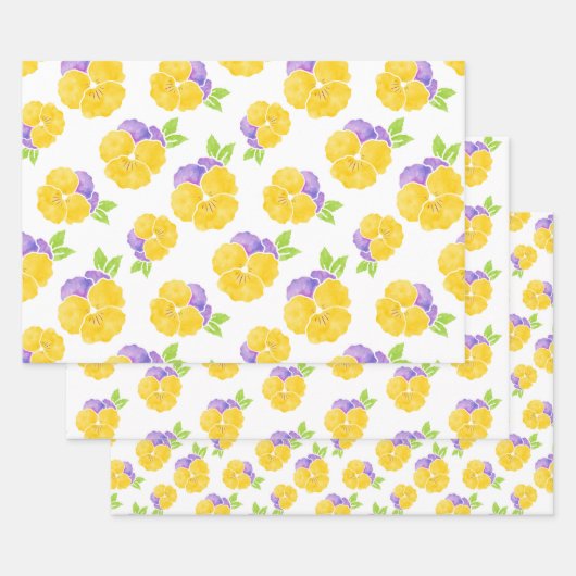 黄色と紫の水色パンジー模様 ラッピングペーパーシート (セット)