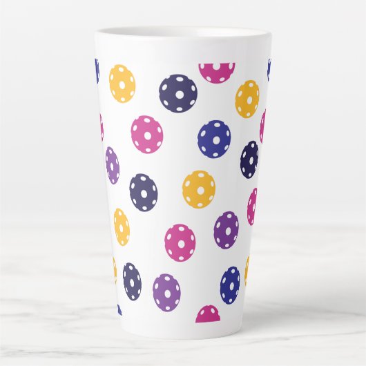 💛黄色と💜紫の玉を白に付ける カフェラテマグ (正面)