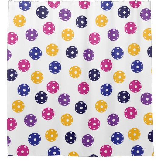💛黄色と💜紫の玉を白に付ける シャワーカーテン (正面)