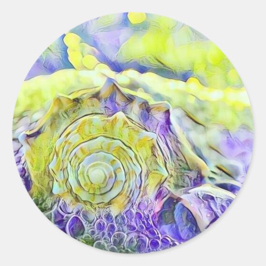 黄色と紫の貝殻が泡立つ海の水彩画 ラウンドシール (正面)