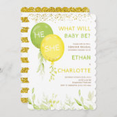 黄色と緑のジェンダーが赤ちゃんのシャワーパーティーを明らかにする 招待状 (正面/裏面)