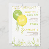 黄色と緑のジェンダーが赤ちゃんのシャワーパーティーを明らかにする 招待状 (正面)