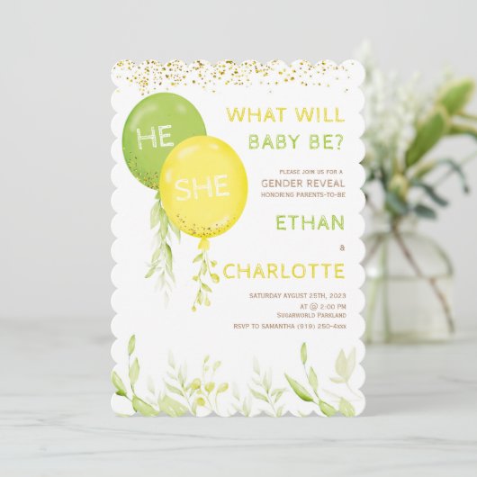 黄色と緑のジェンダーが赤ちゃんのシャワーパーティーを明らかにする 招待状 (スタンド正面)