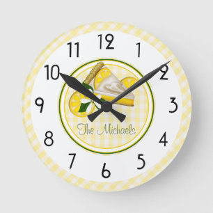 黄色と緑のストライプとチェック ラウンド壁時計