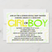 黄色と緑のタイポグラフィー性別発表パーティー 招待状 (正面)