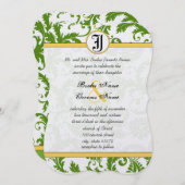 黄色と緑のダマスクスワーズ結婚式招待状 招待状 (正面/裏面)