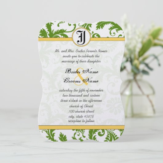 黄色と緑のダマスクスワーズ結婚式招待状 招待状 (スタンド正面)