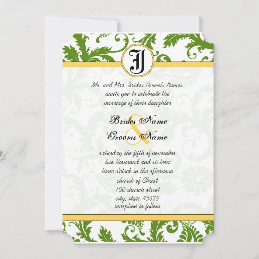 黄色と緑のダマスクスワーズ結婚式招待状 招待状 (正面)