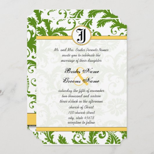 黄色と緑のダマスクスワーズ結婚式招待状 招待状 (正面/裏面)